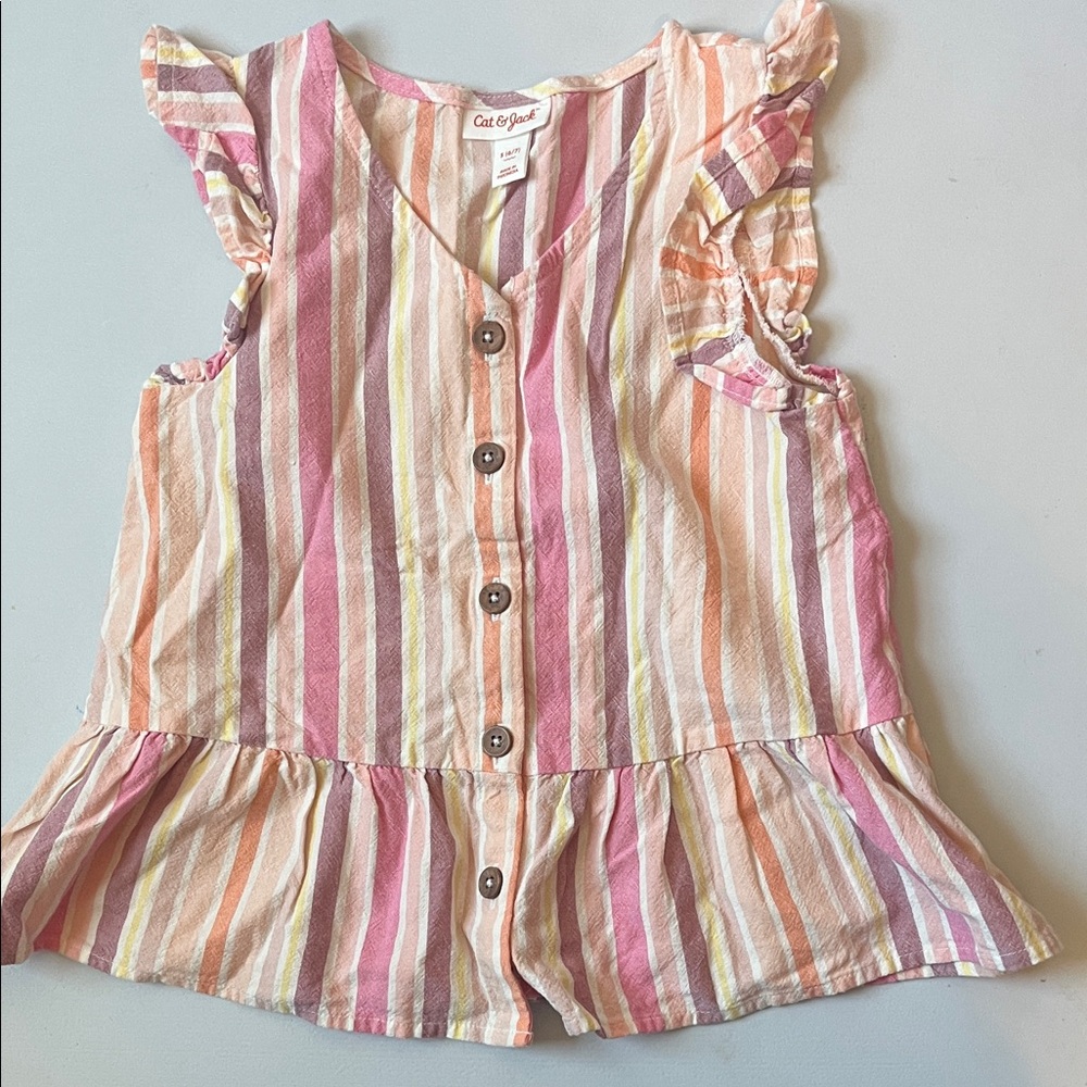 Girls Sleeveless Linen-like Orange & Yellow Striped Button-Front Ruffle Top